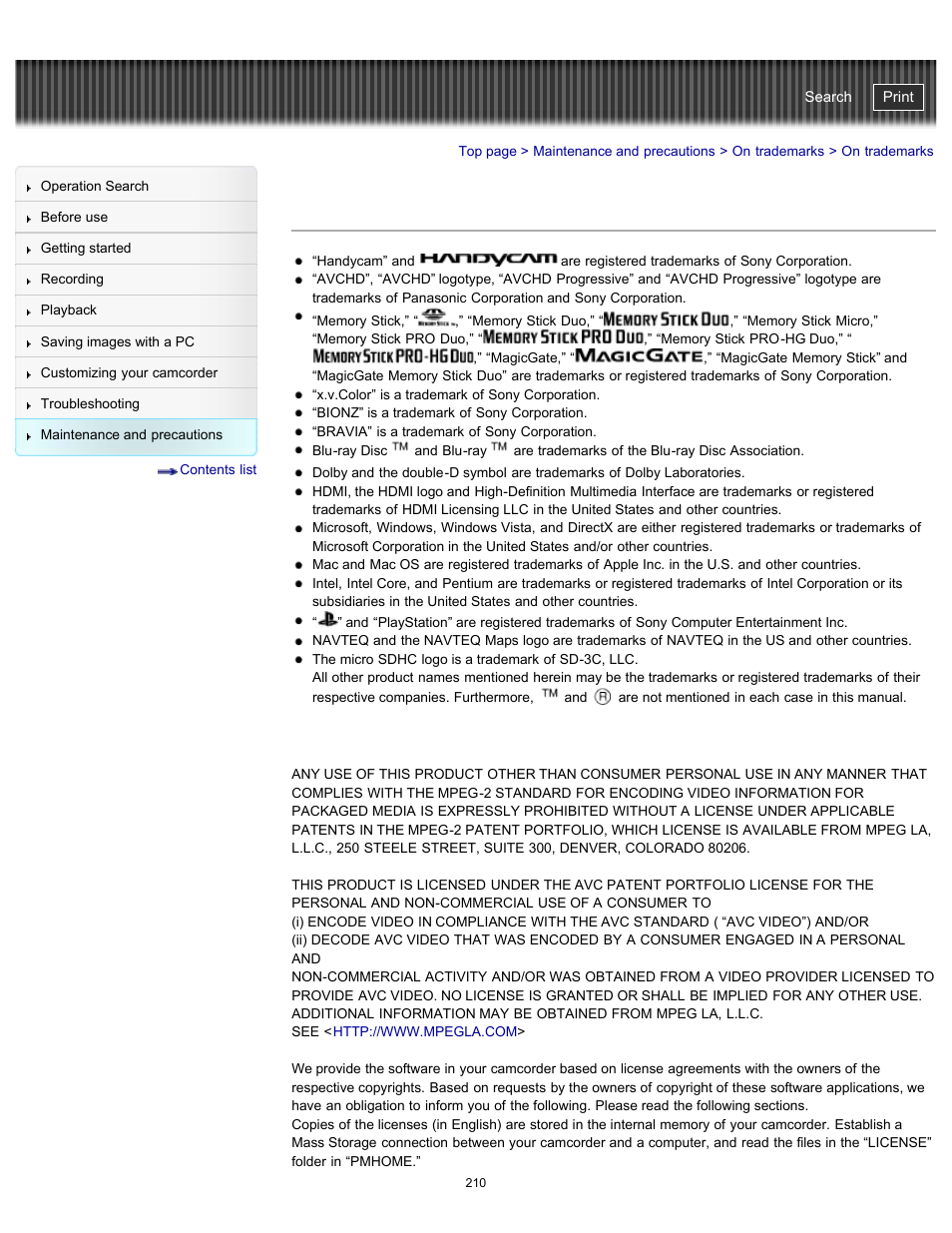 On trademarks, Handycam" user guide | Sony HDR-GW77V User Manual | Page 210 / 211