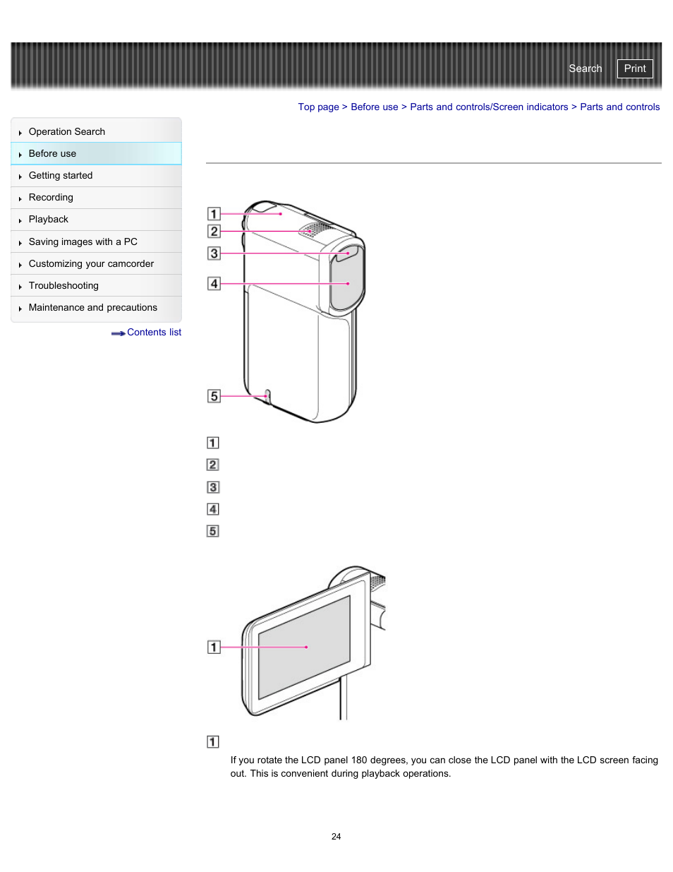 Parts and controls, Handycam" user guide | Sony HDR-GW77V User Manual | Page 24 / 211