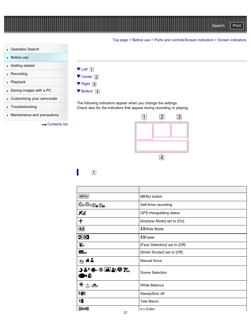 Screen indicators, Handycam" user guide | Sony HDR-GW77V User Manual | Page 27 / 211