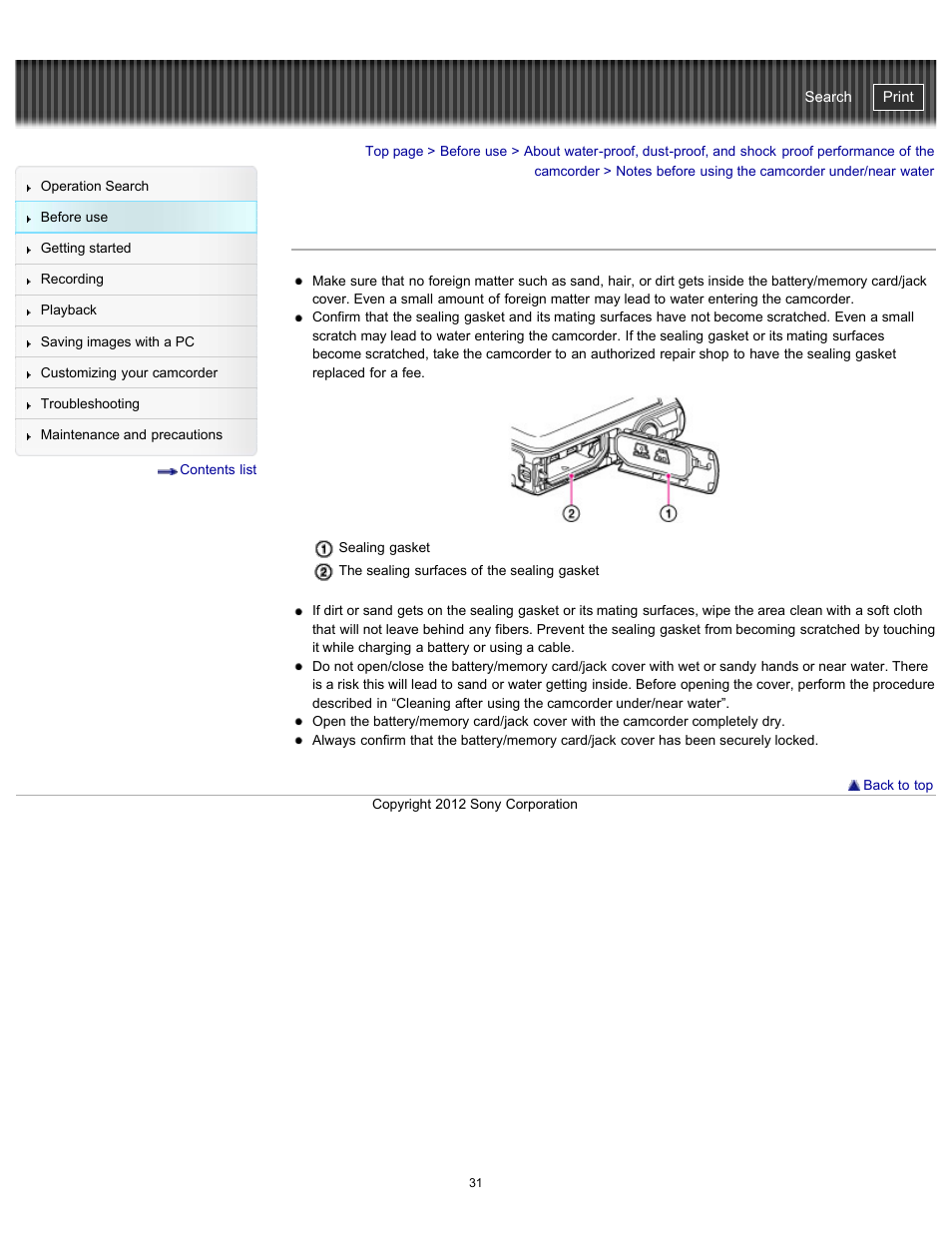 Notes before using the camcorder under/near water, Handycam" user guide | Sony HDR-GW77V User Manual | Page 31 / 211