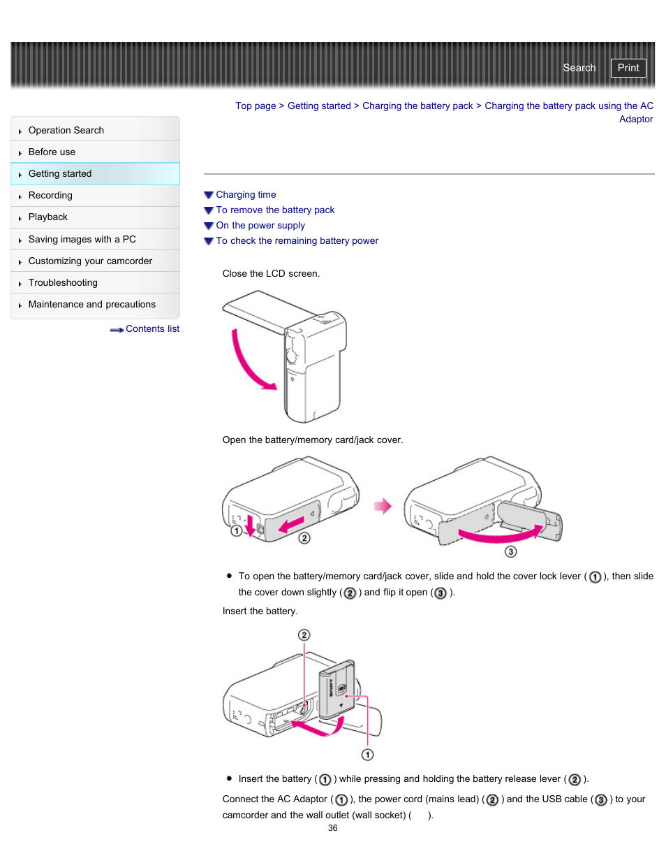 Charging the battery pack using the ac adaptor, Handycam" user guide | Sony HDR-GW77V User Manual | Page 36 / 211