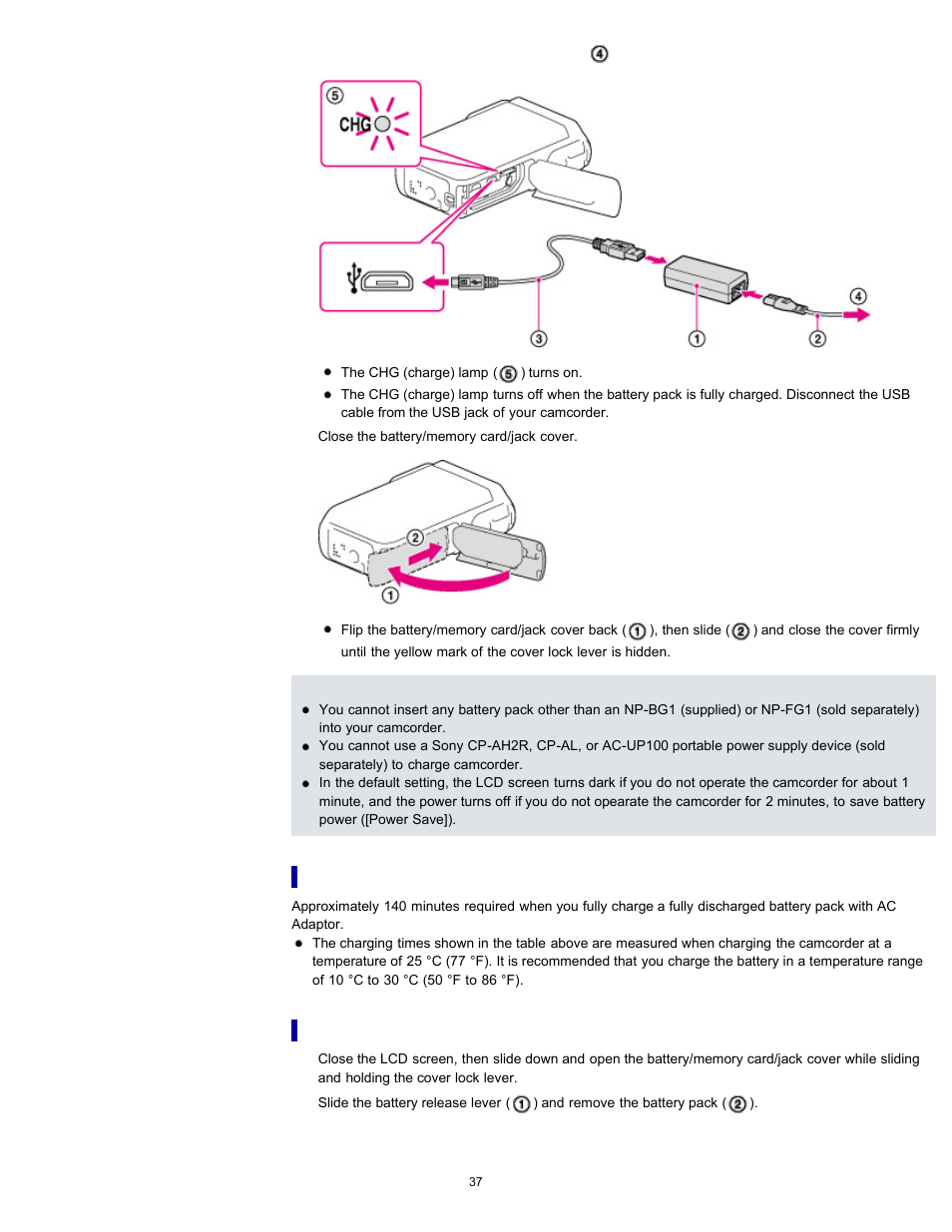 Charging time to remove the battery pack | Sony HDR-GW77V User Manual | Page 37 / 211