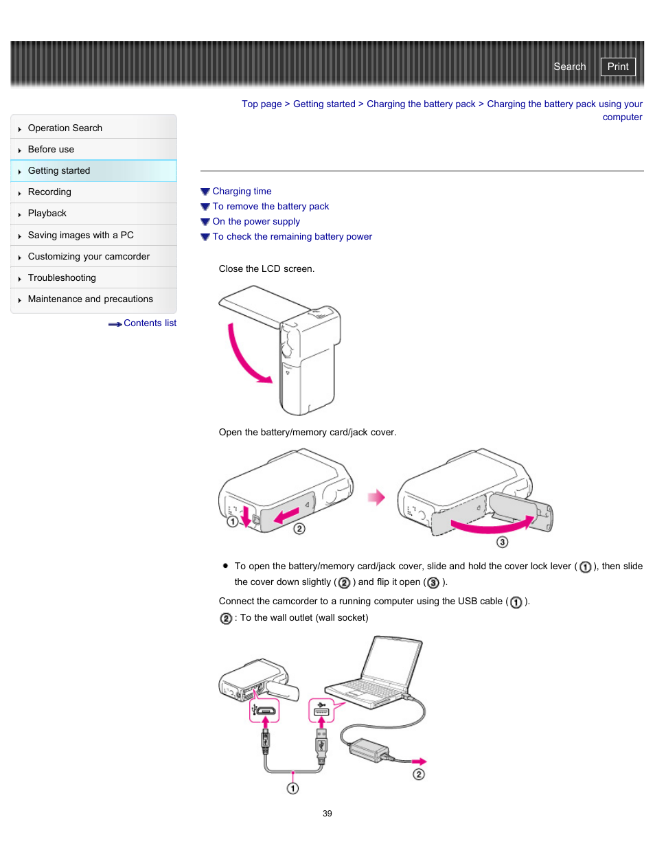 Charging the battery pack using your computer, Handycam" user guide | Sony HDR-GW77V User Manual | Page 39 / 211