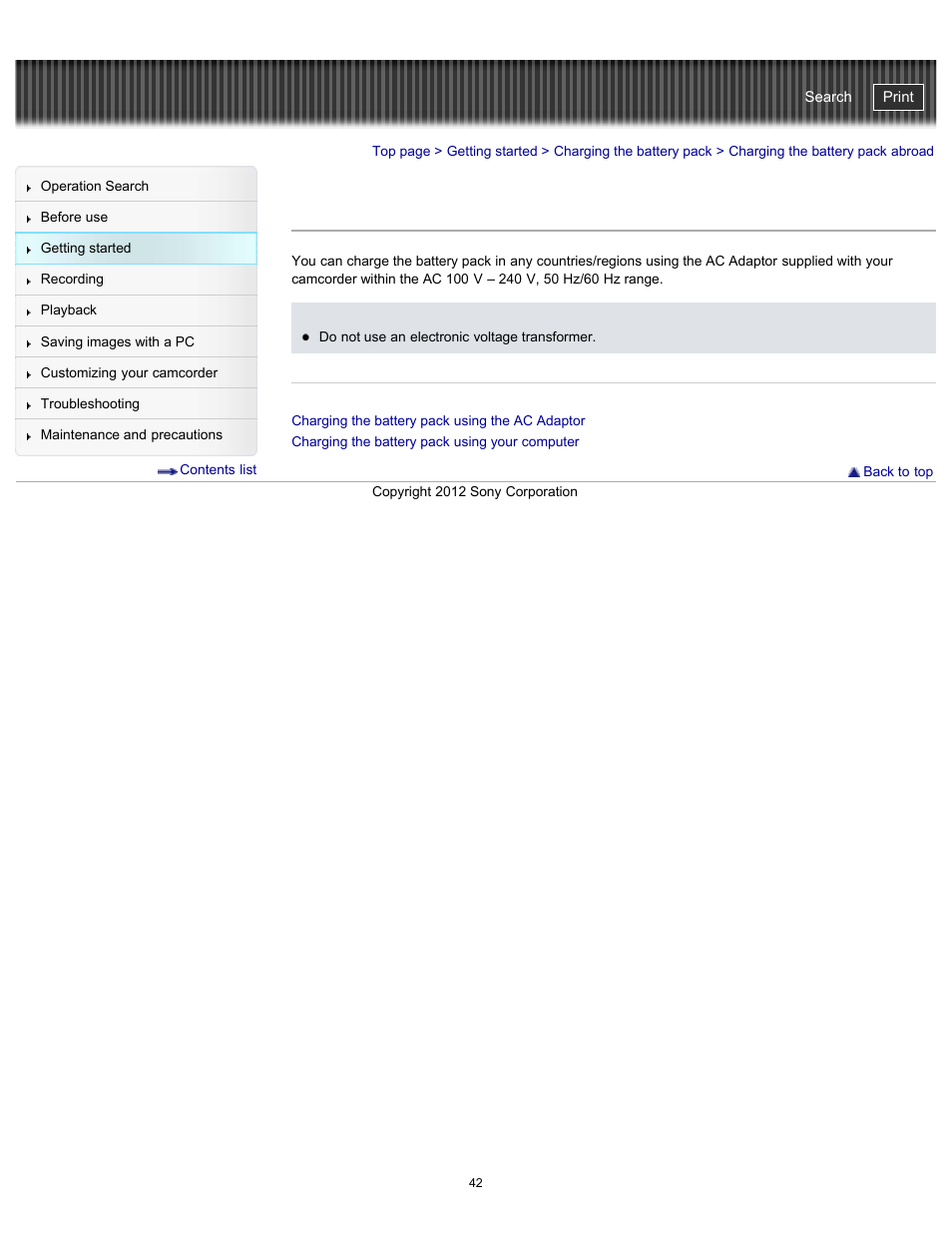 Charging the battery pack abroad, Handycam" user guide | Sony HDR-GW77V User Manual | Page 42 / 211
