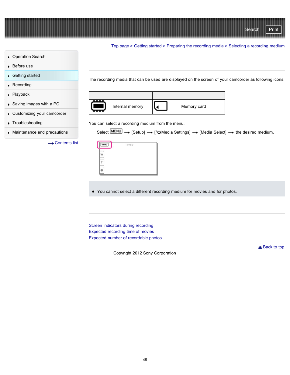 Selecting a recording medium, Handycam" user guide | Sony HDR-GW77V User Manual | Page 45 / 211
