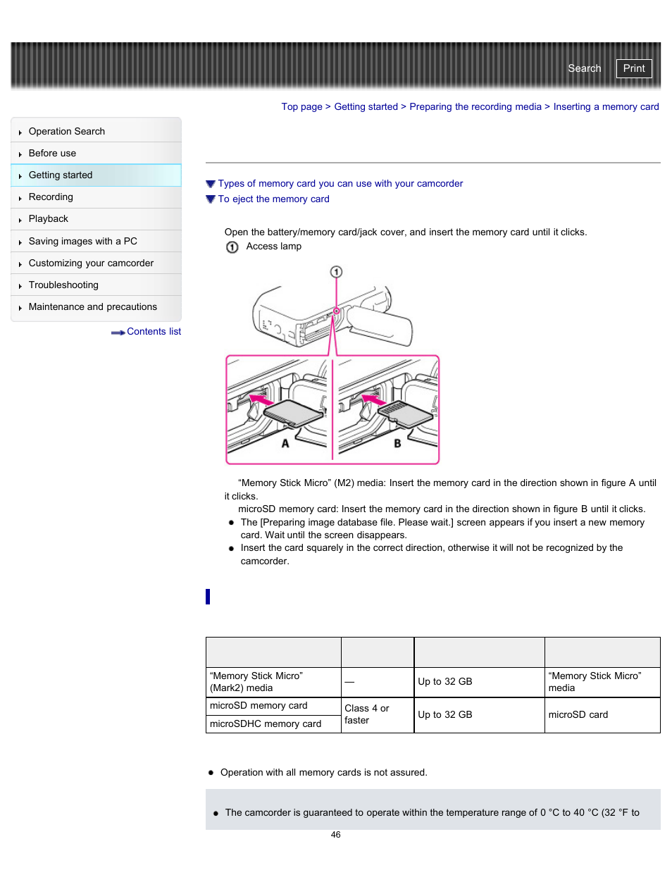 Inserting a memory card, Handycam" user guide | Sony HDR-GW77V User Manual | Page 46 / 211