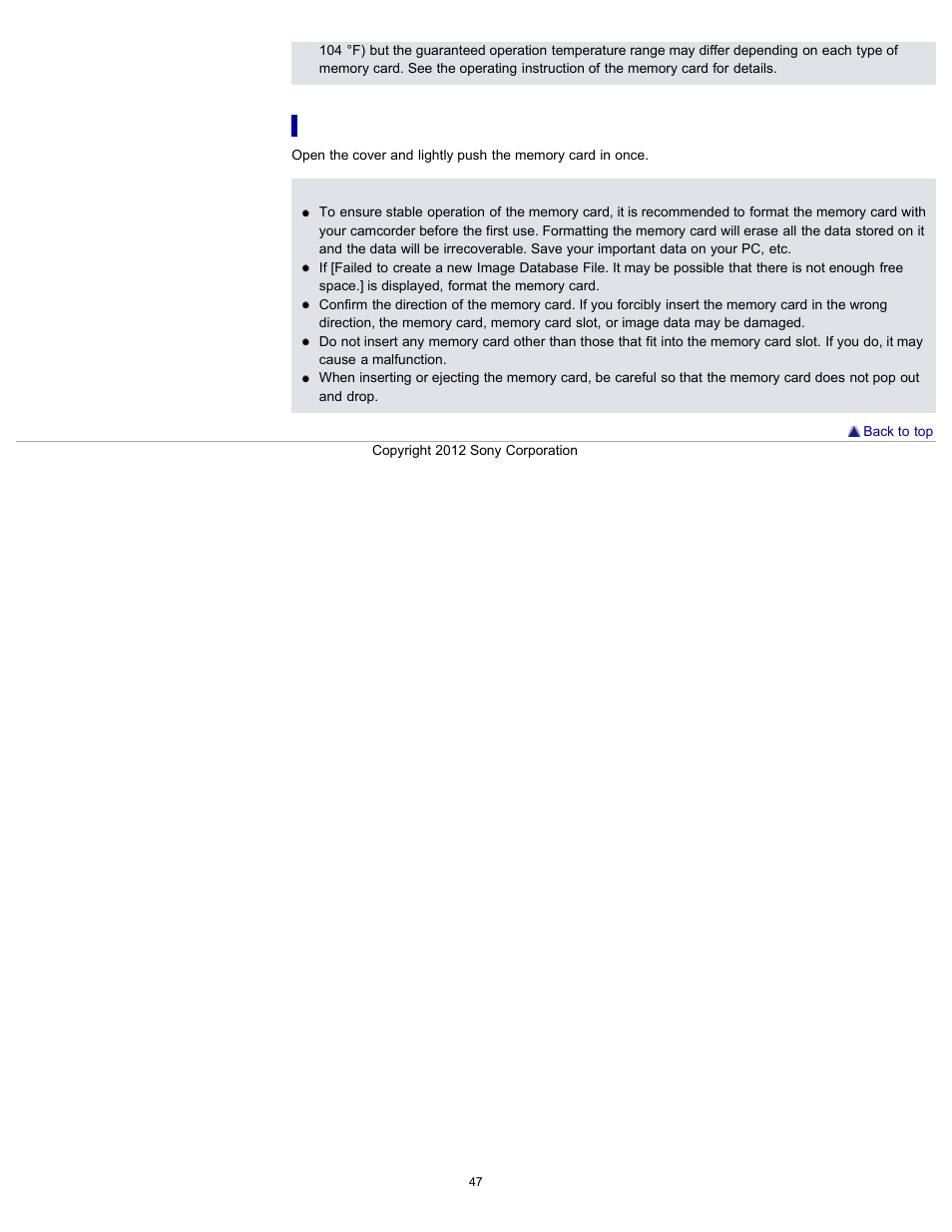 To eject the memory card | Sony HDR-GW77V User Manual | Page 47 / 211