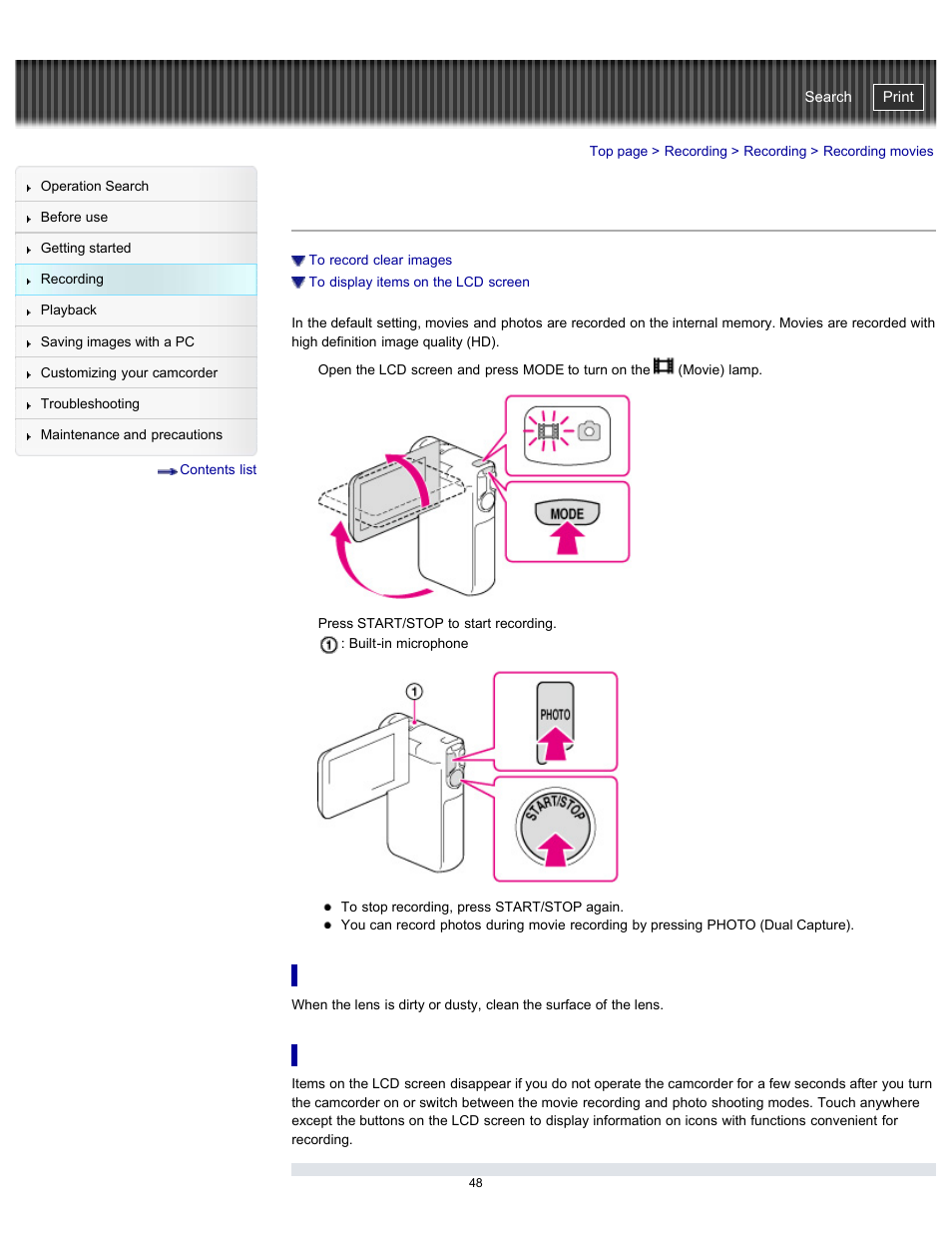 Recording movies, Handycam" user guide | Sony HDR-GW77V User Manual | Page 48 / 211