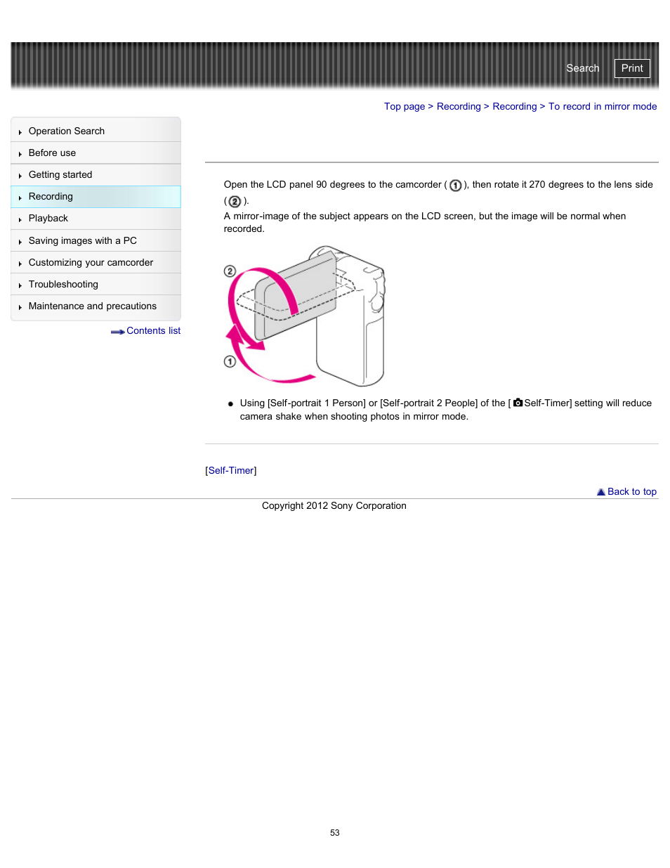 To record in mirror mode, Handycam" user guide | Sony HDR-GW77V User Manual | Page 53 / 211
