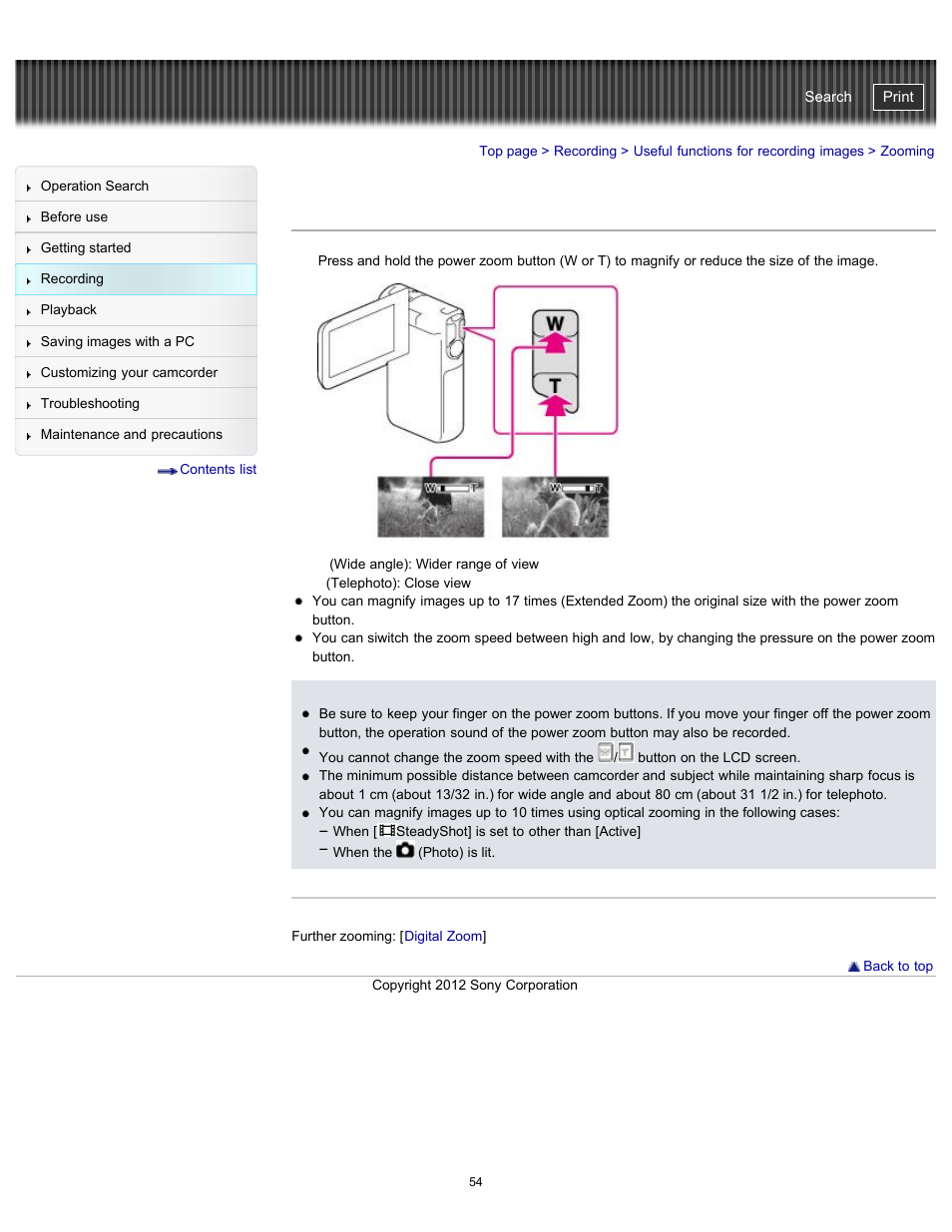 Zooming, Handycam" user guide | Sony HDR-GW77V User Manual | Page 54 / 211