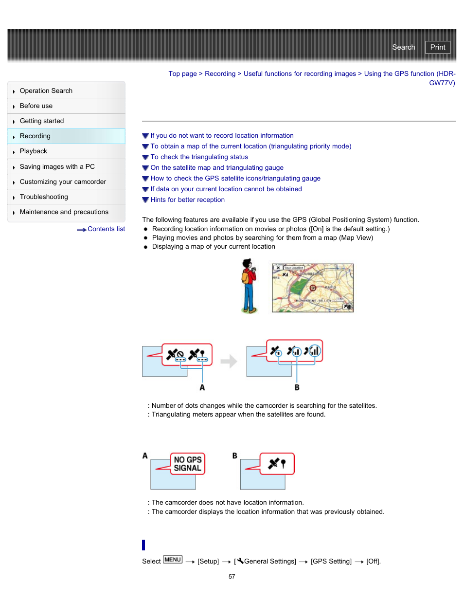 Using the gps function (hdr-gw77v), Handycam" user guide | Sony HDR-GW77V User Manual | Page 57 / 211