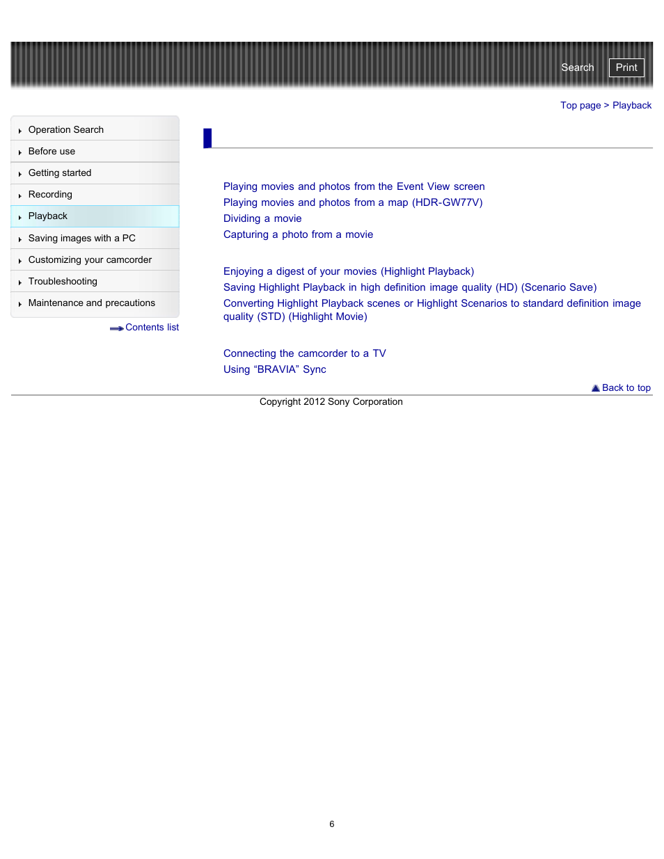 Playback | Sony HDR-GW77V User Manual | Page 6 / 211