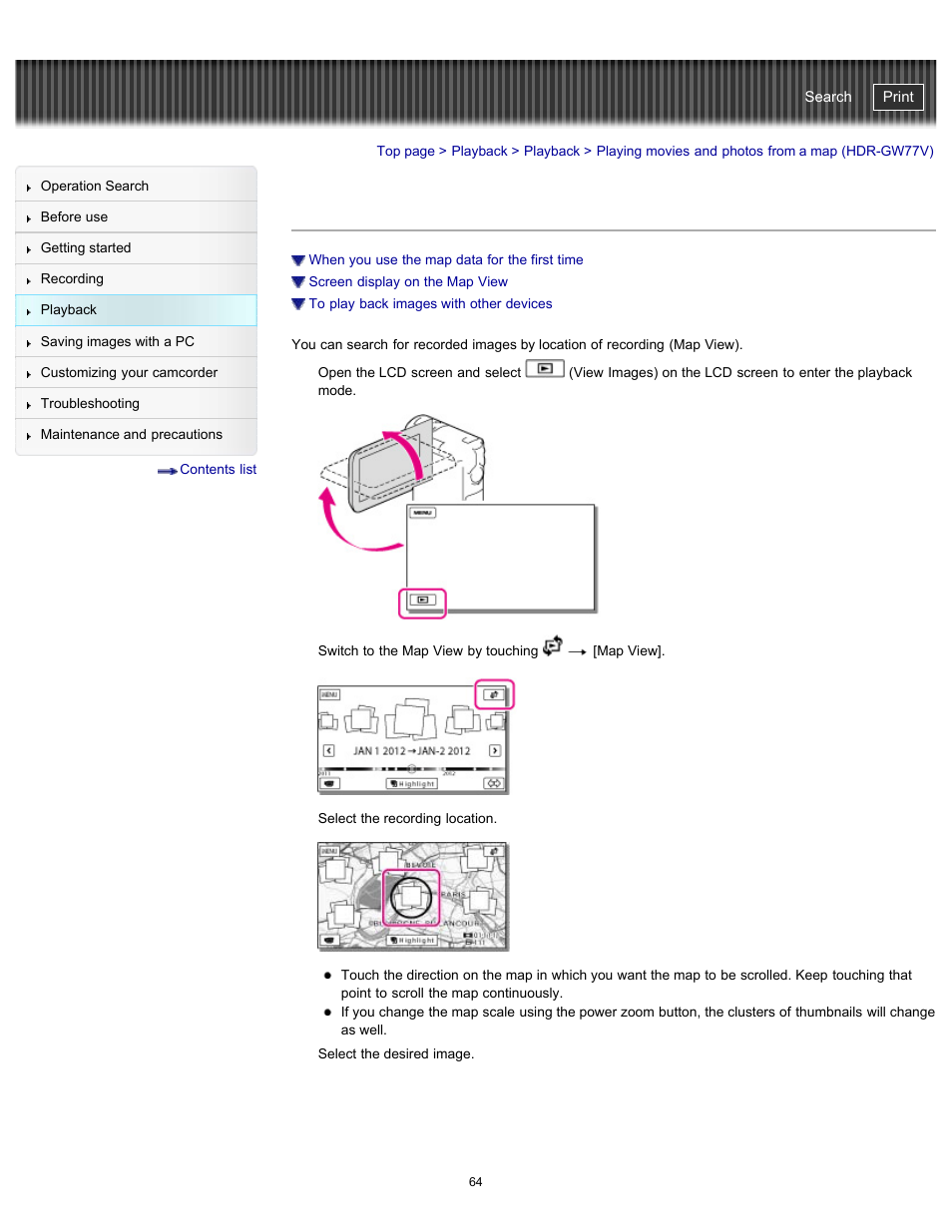 Playing movies and photos from a map (hdr-gw77v), Handycam" user guide | Sony HDR-GW77V User Manual | Page 64 / 211
