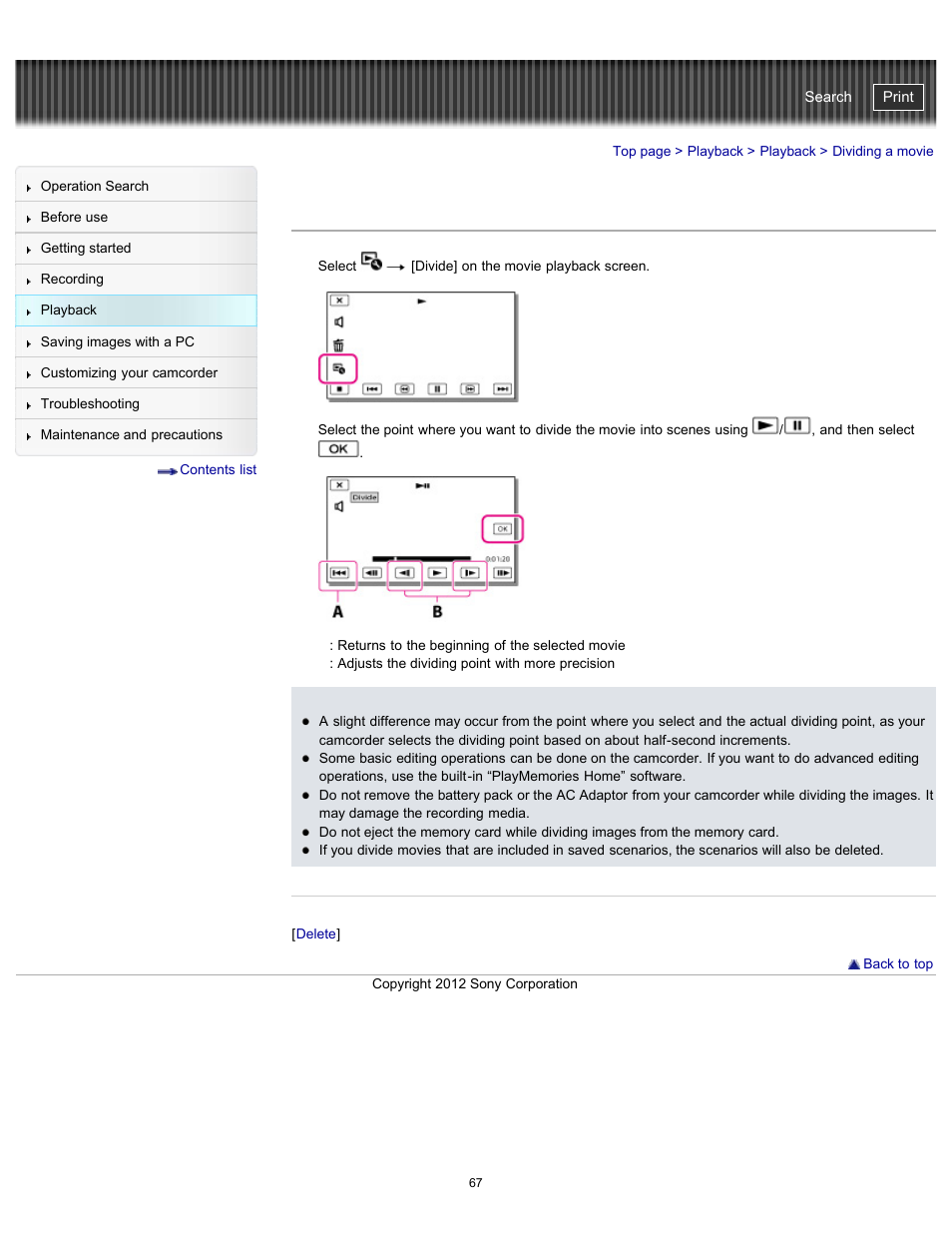 Dividing a movie, Handycam" user guide | Sony HDR-GW77V User Manual | Page 67 / 211