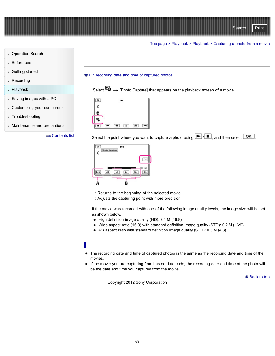 Capturing a photo from a movie, Handycam" user guide | Sony HDR-GW77V User Manual | Page 68 / 211