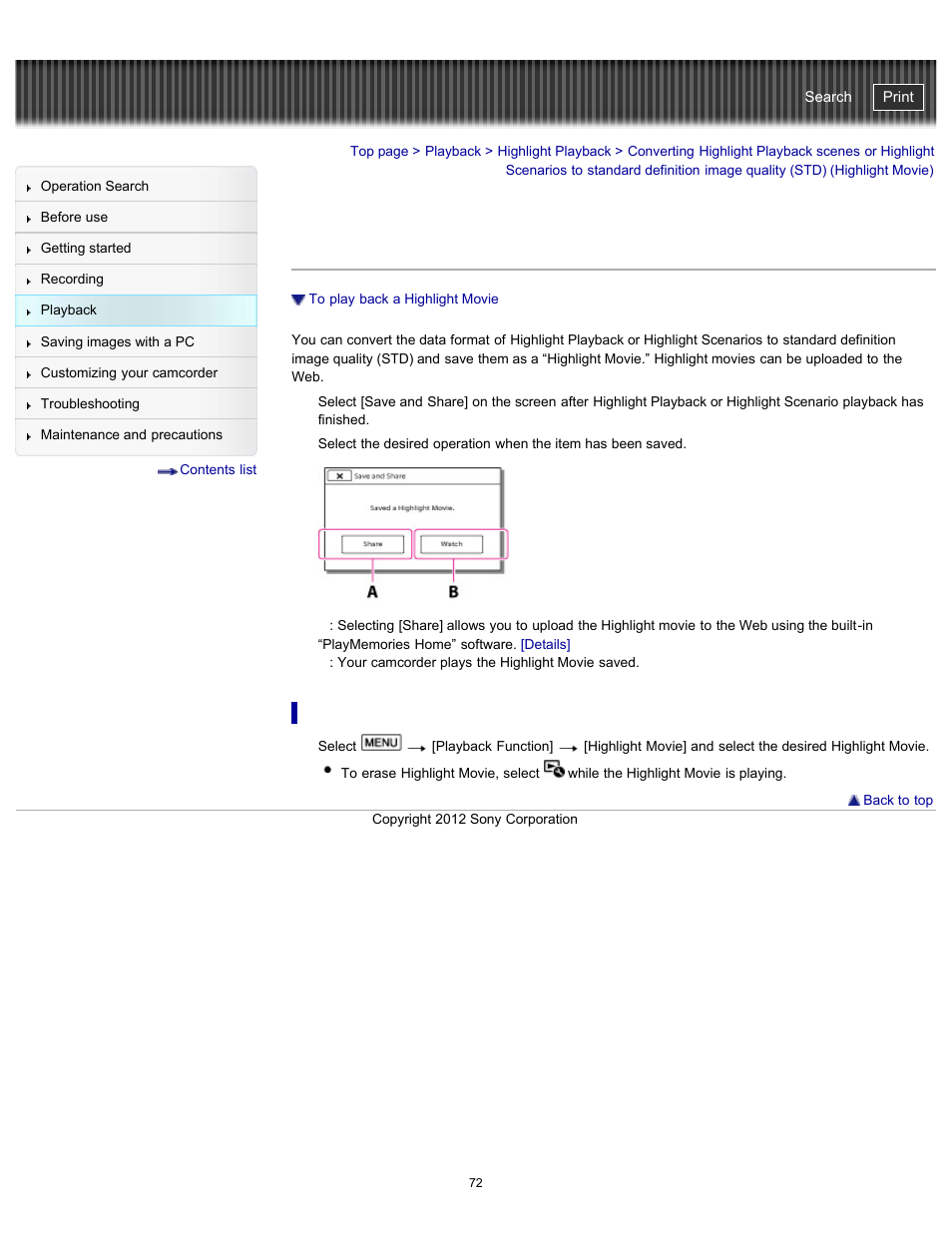 Quality (std) (highlight movie), Handycam" user guide | Sony HDR-GW77V User Manual | Page 72 / 211