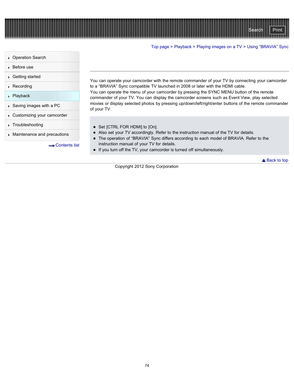 Using “bravia” sync, Handycam" user guide | Sony HDR-GW77V User Manual | Page 74 / 211