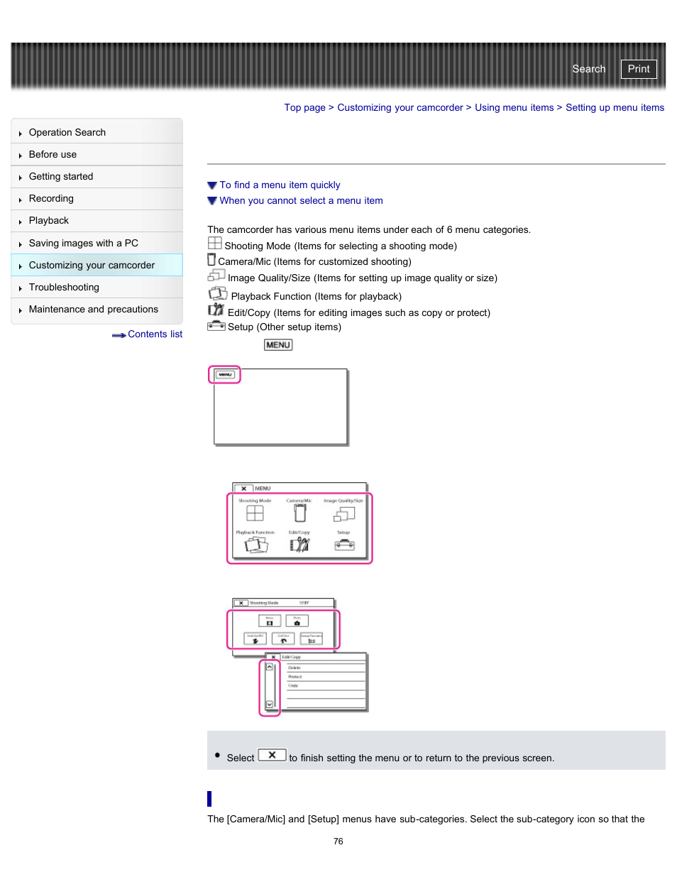 Setting up menu items, Handycam" user guide | Sony HDR-GW77V User Manual | Page 76 / 211