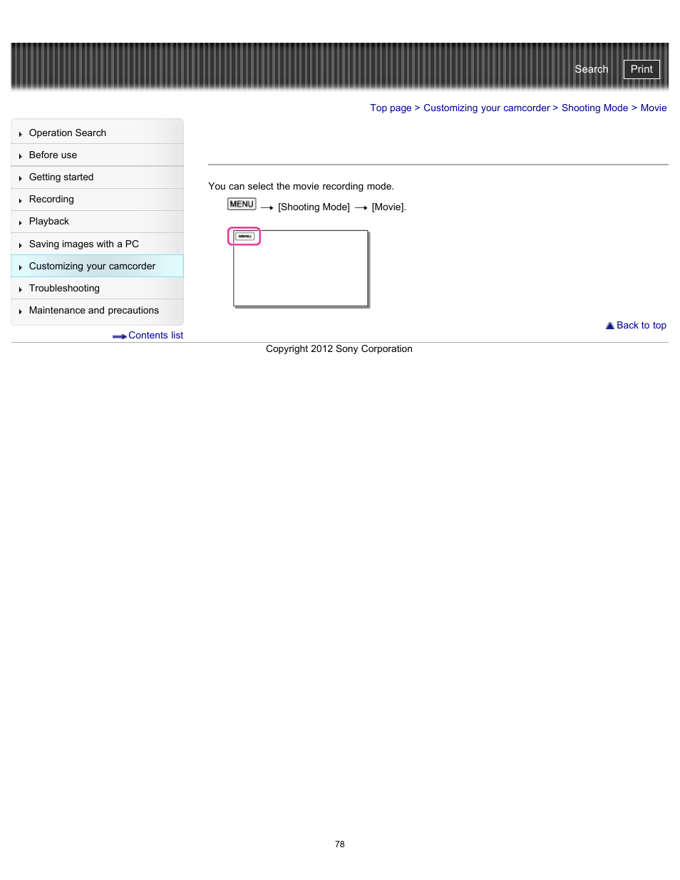 Movie, Handycam" user guide | Sony HDR-GW77V User Manual | Page 78 / 211