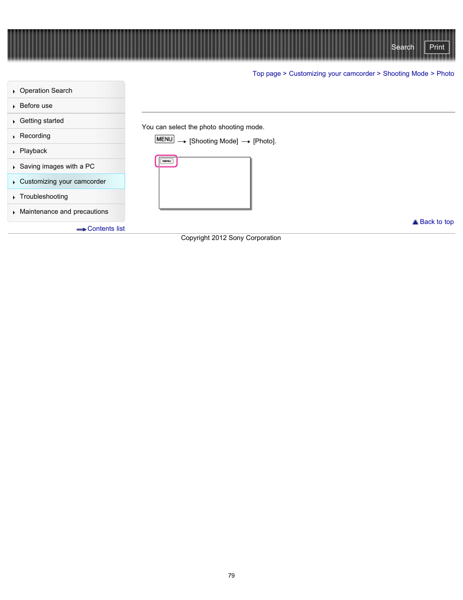 Photo, Handycam" user guide | Sony HDR-GW77V User Manual | Page 79 / 211