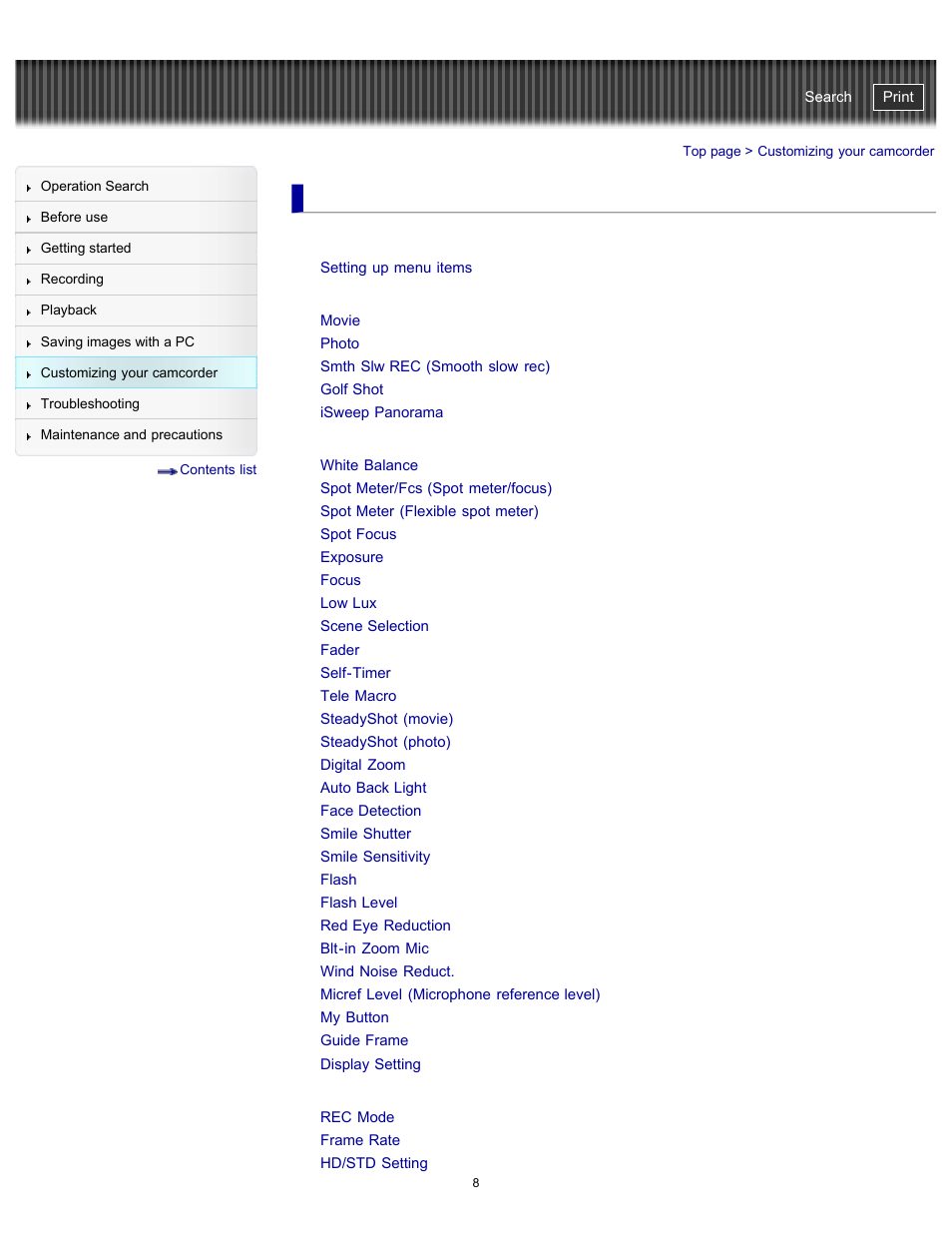 Customizing your camcorder | Sony HDR-GW77V User Manual | Page 8 / 211