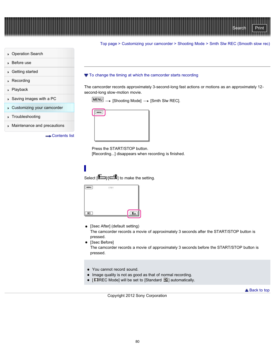 Smth slw rec (smooth slow rec), Handycam" user guide | Sony HDR-GW77V User Manual | Page 80 / 211