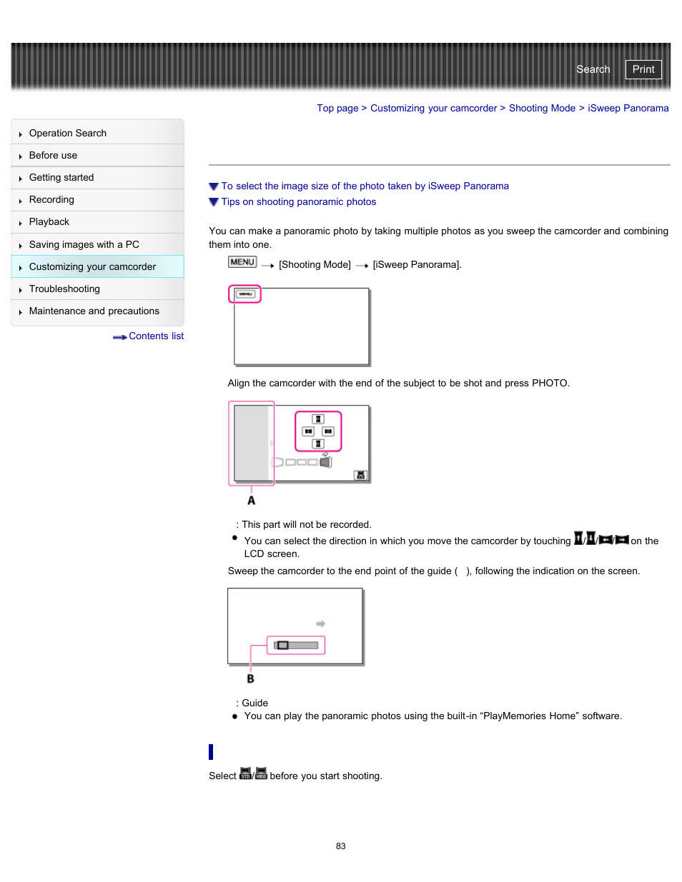 Isweep panorama, Handycam" user guide | Sony HDR-GW77V User Manual | Page 83 / 211