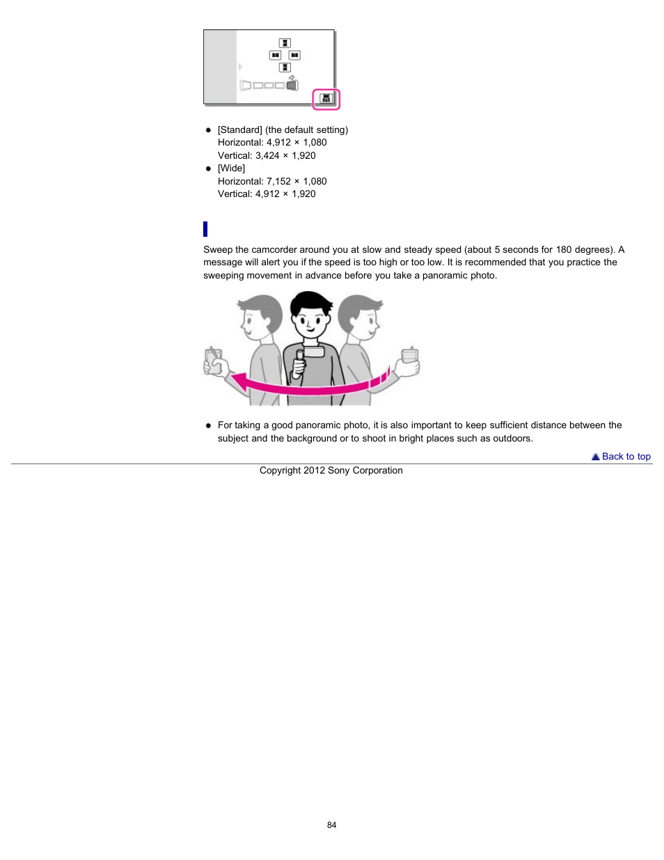 Tips on shooting panoramic photos | Sony HDR-GW77V User Manual | Page 84 / 211