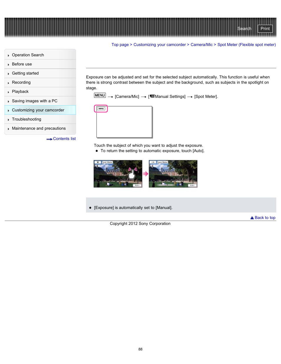 Spot meter (flexible spot meter), Handycam" user guide | Sony HDR-GW77V User Manual | Page 88 / 211