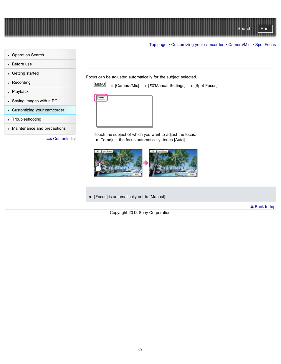 Spot focus, Handycam" user guide | Sony HDR-GW77V User Manual | Page 89 / 211