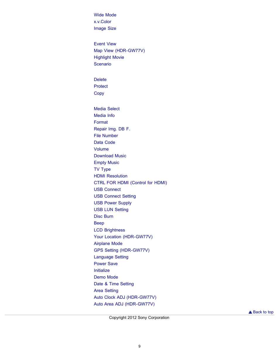 Sony HDR-GW77V User Manual | Page 9 / 211