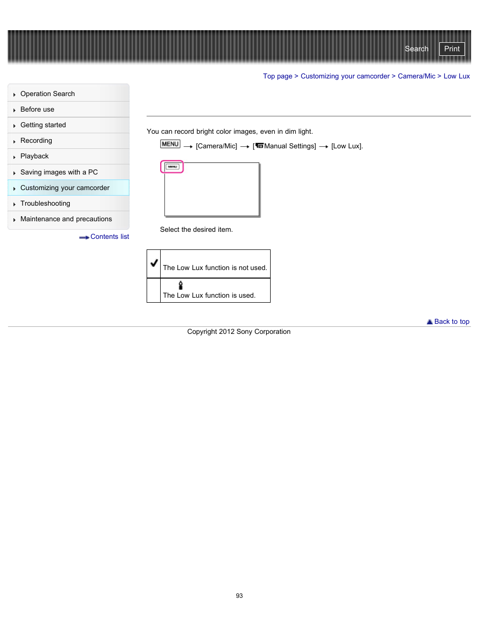 Low lux, Handycam" user guide | Sony HDR-GW77V User Manual | Page 93 / 211