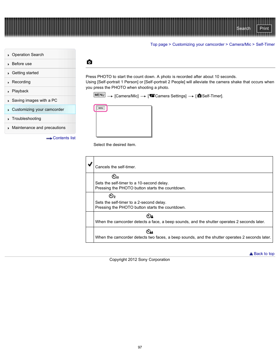 Self-timer, Handycam" user guide | Sony HDR-GW77V User Manual | Page 97 / 211