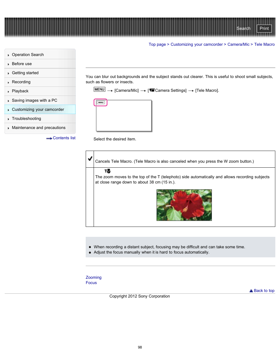 Tele macro, Handycam" user guide | Sony HDR-GW77V User Manual | Page 98 / 211