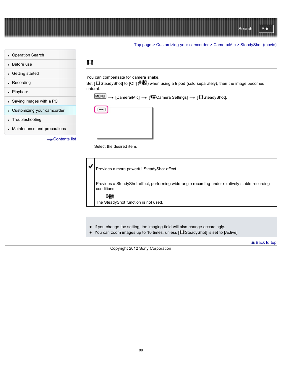 Steadyshot (movie), Handycam" user guide | Sony HDR-GW77V User Manual | Page 99 / 211