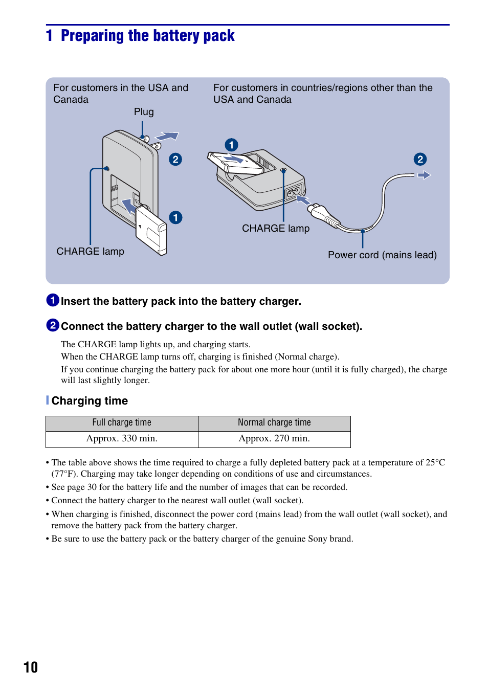 1 preparing the battery pack | Sony DSC-W220 User Manual | Page 10 / 40