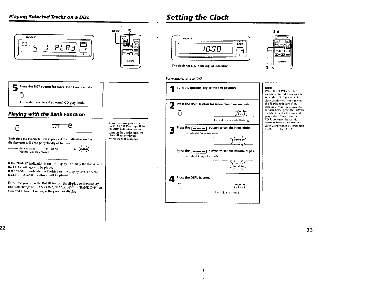 Playing with the bank function, Setting the clock, I u.u | 2i'n, I n-n n | Sony CDX-65RF User Manual | Page 12 / 14
