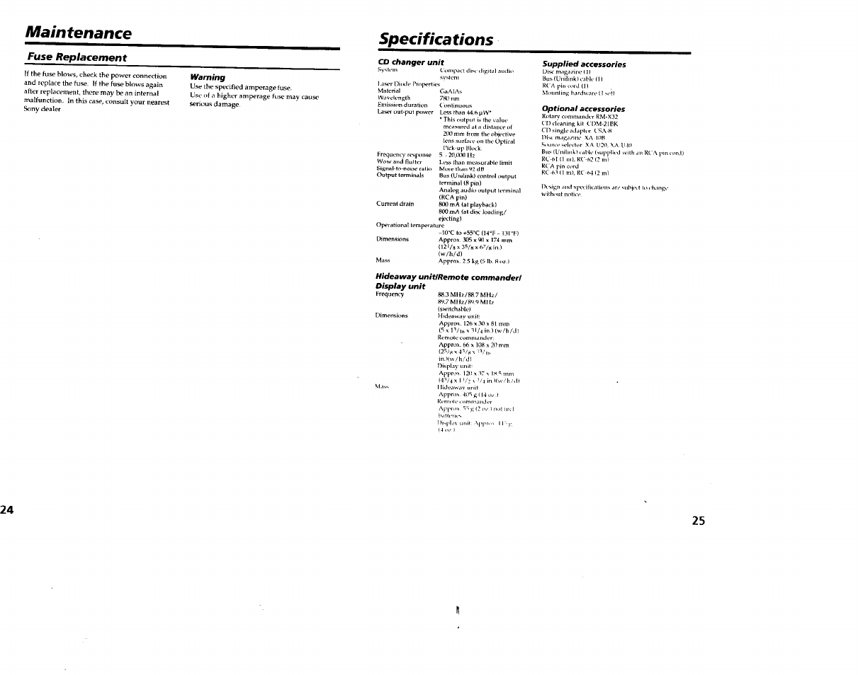 Fuse replacement, Maintenance specifications | Sony CDX-65RF User Manual | Page 13 / 14