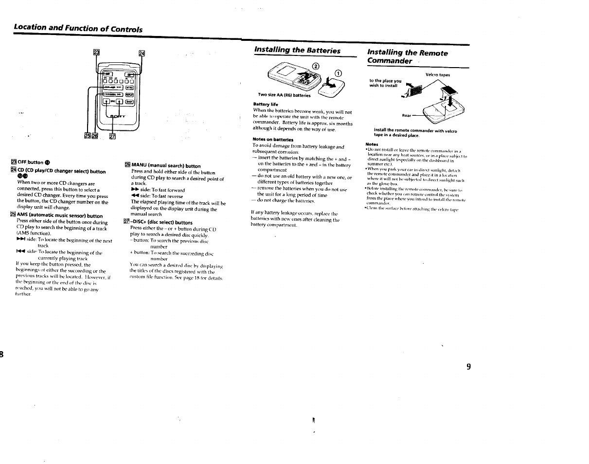Location and function of controls, Installing the batteries, Installing the remote commander | Sony CDX-65RF User Manual | Page 5 / 14