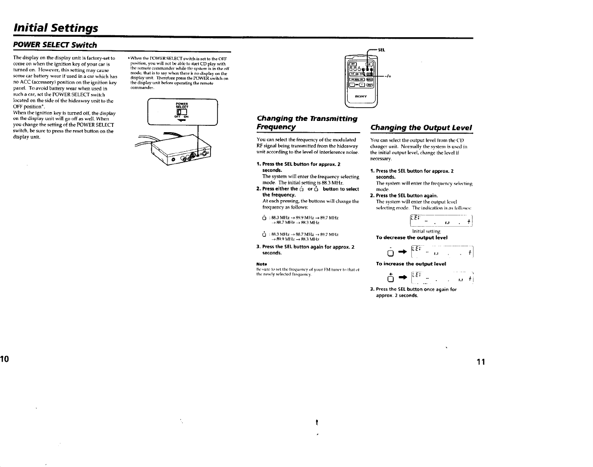 Initial settings, Power select switch, Changing the ti-ansmitting frequency | Changing the output level | Sony CDX-65RF User Manual | Page 6 / 14