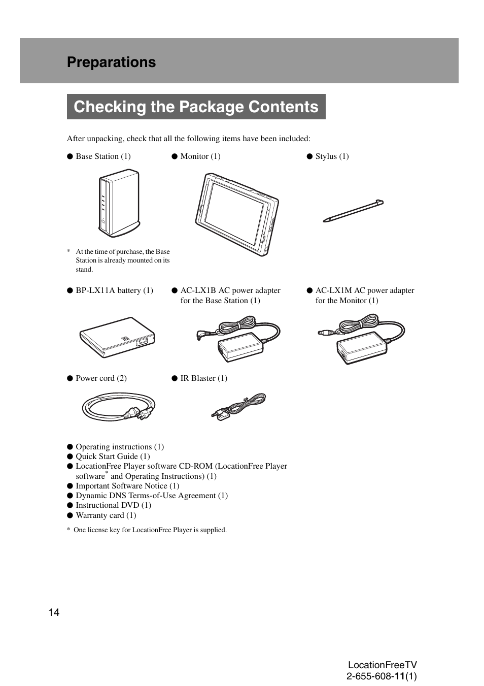 Preparations, Checking the package contents | Sony LF-X11 User Manual | Page 14 / 96