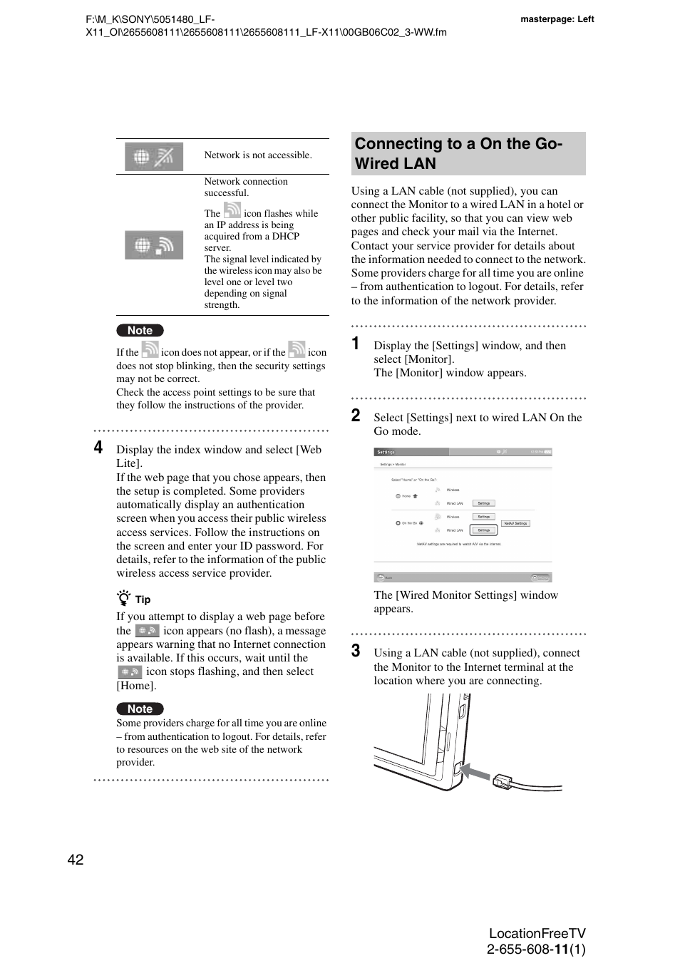 Connecting to a on the go- wired lan | Sony LF-X11 User Manual | Page 42 / 96