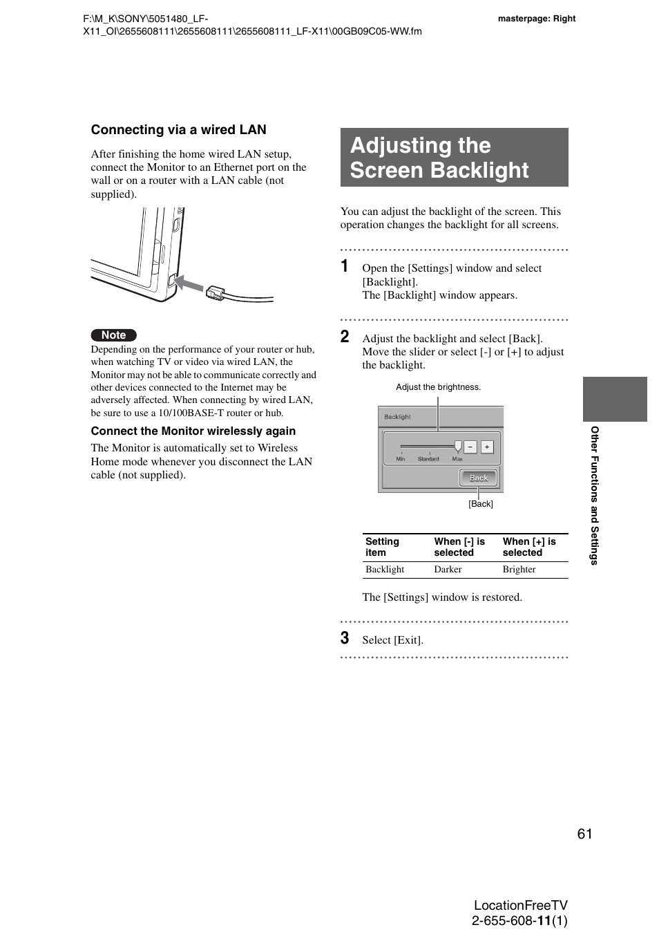 Adjusting the screen backlight | Sony LF-X11 User Manual | Page 61 / 96
