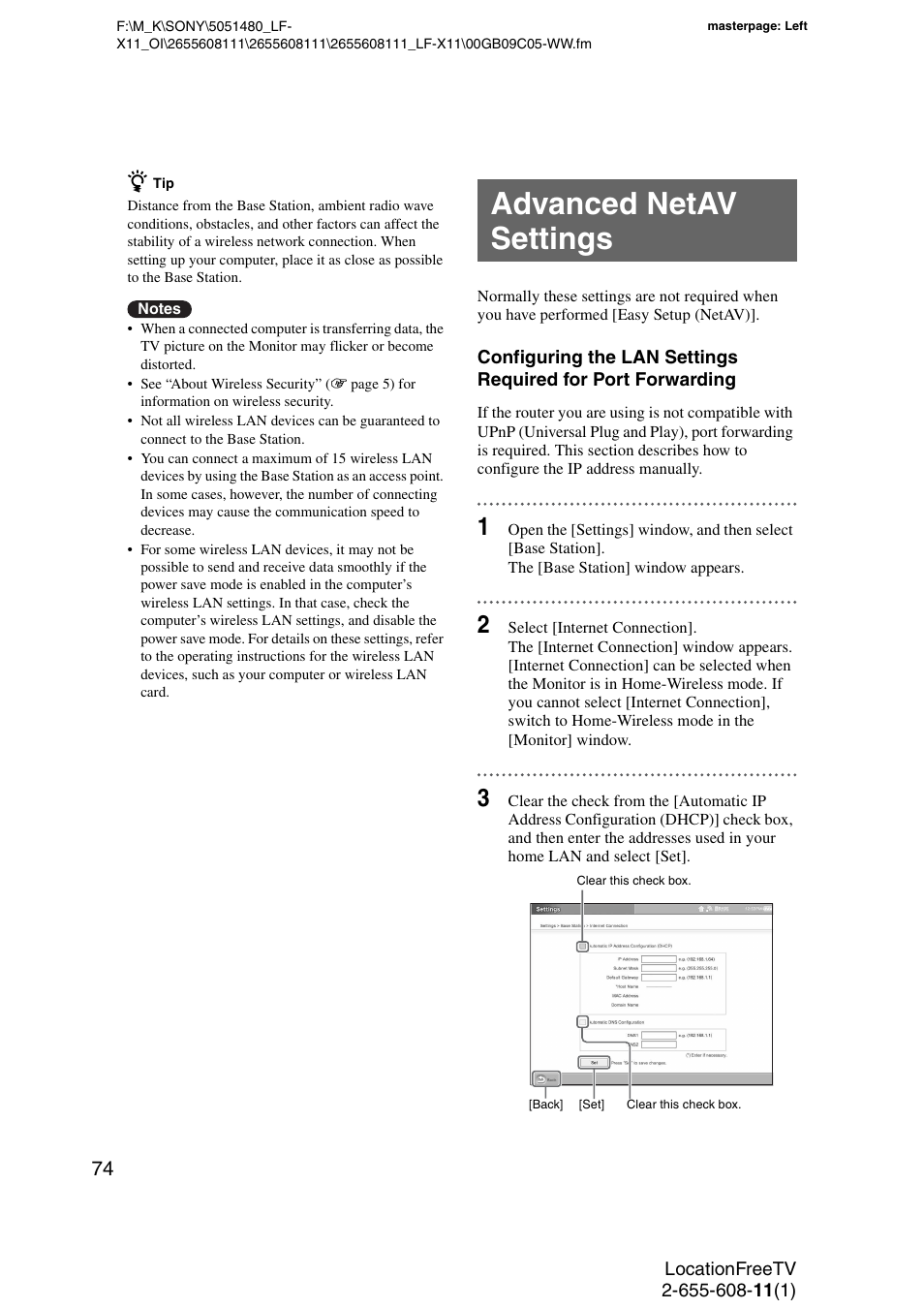 Advanced netav settings, See “advanced netav settings | Sony LF-X11 User Manual | Page 74 / 96