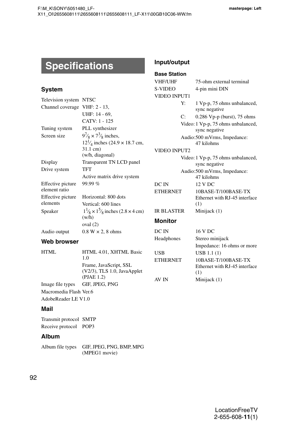 Specifications | Sony LF-X11 User Manual | Page 92 / 96