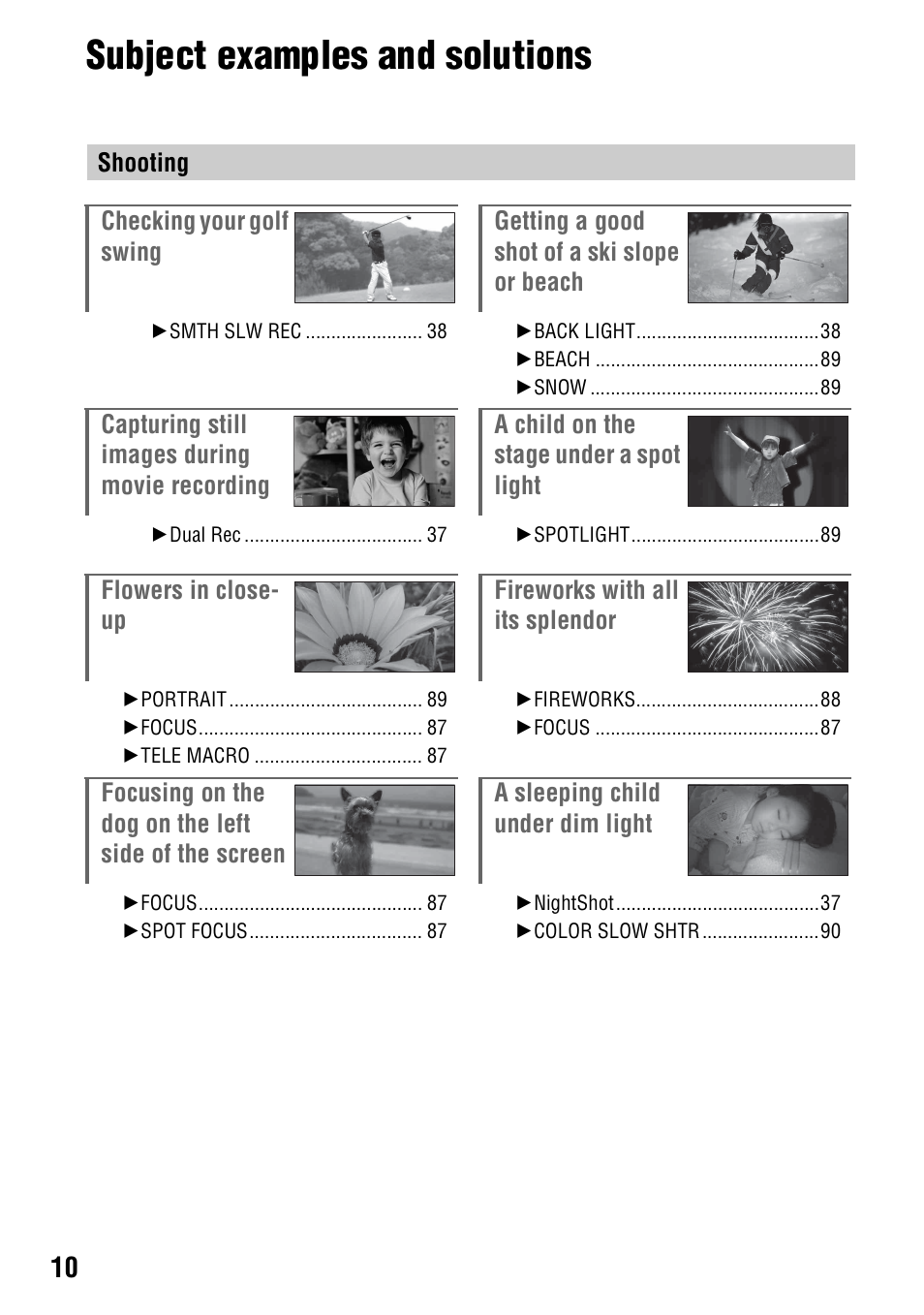 Subject examples and solutions | Sony DCR-DVD910 User Manual | Page 10 / 151