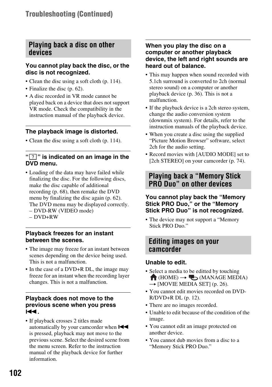 Playing back a disc on other devices, Playing back a “memory stick pro duo” on, Other devices | Editing images on your camcorder, Troubleshooting (continued) | Sony DCR-DVD910 User Manual | Page 102 / 151
