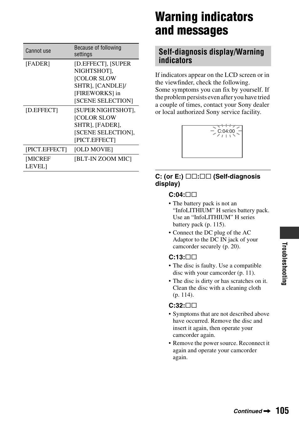 Warning indicators and messages, Self-diagnosis display/warning indicators | Sony DCR-DVD910 User Manual | Page 105 / 151