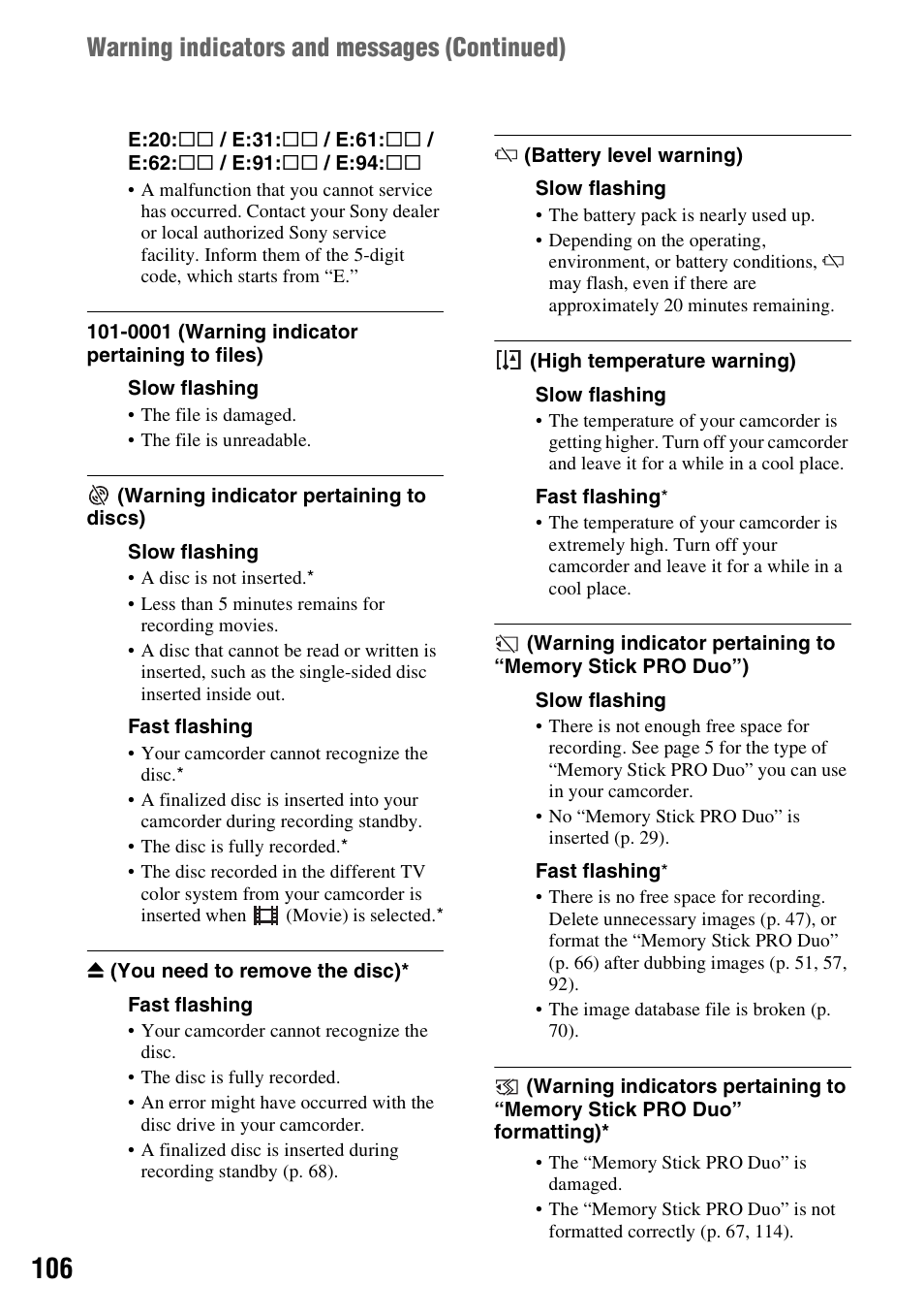 Warning indicators and messages (continued) | Sony DCR-DVD910 User Manual | Page 106 / 151