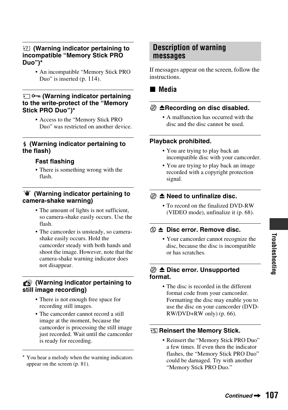Description of warning messages | Sony DCR-DVD910 User Manual | Page 107 / 151